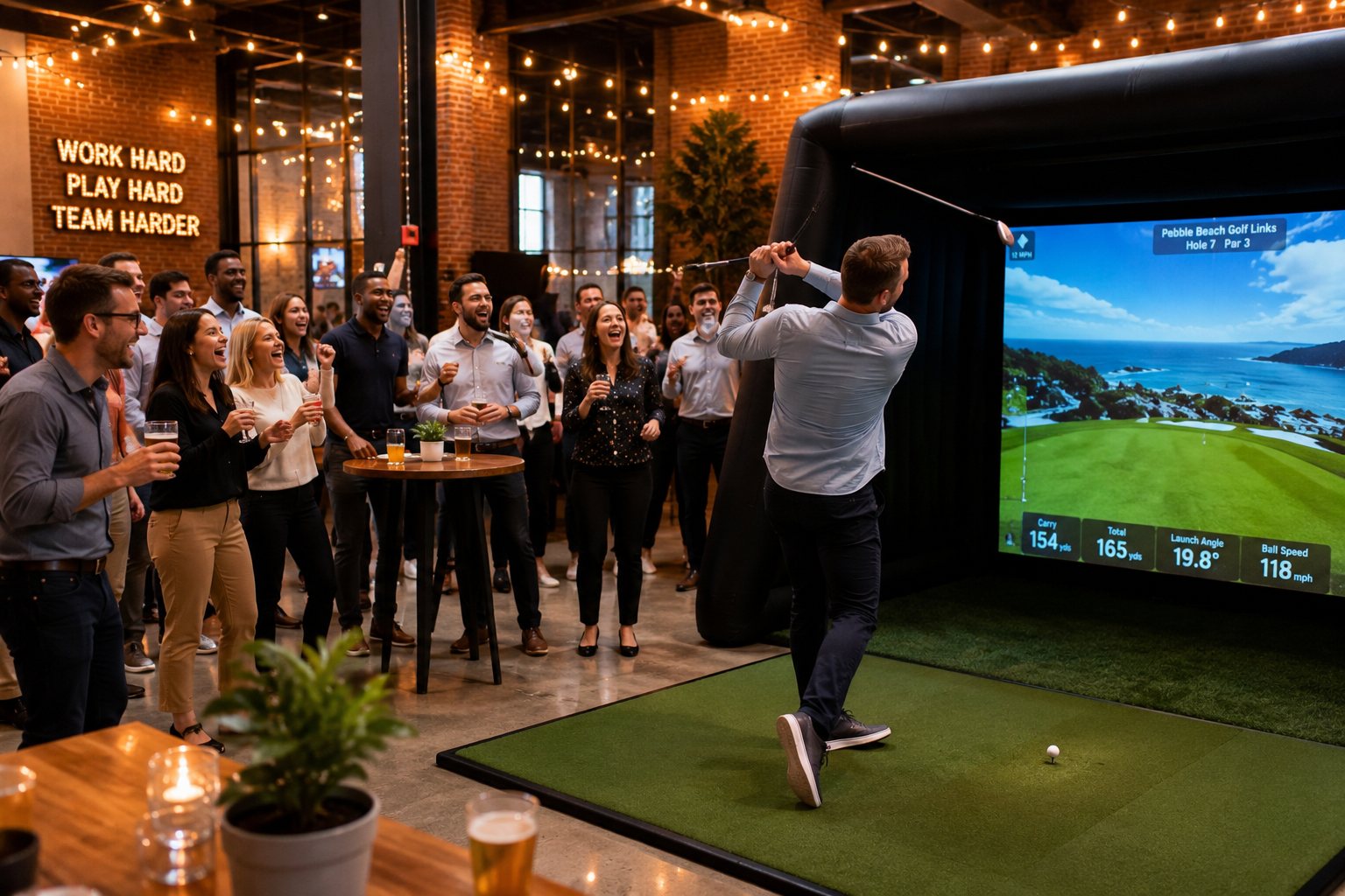 Corporate event with golf simulator indoor party