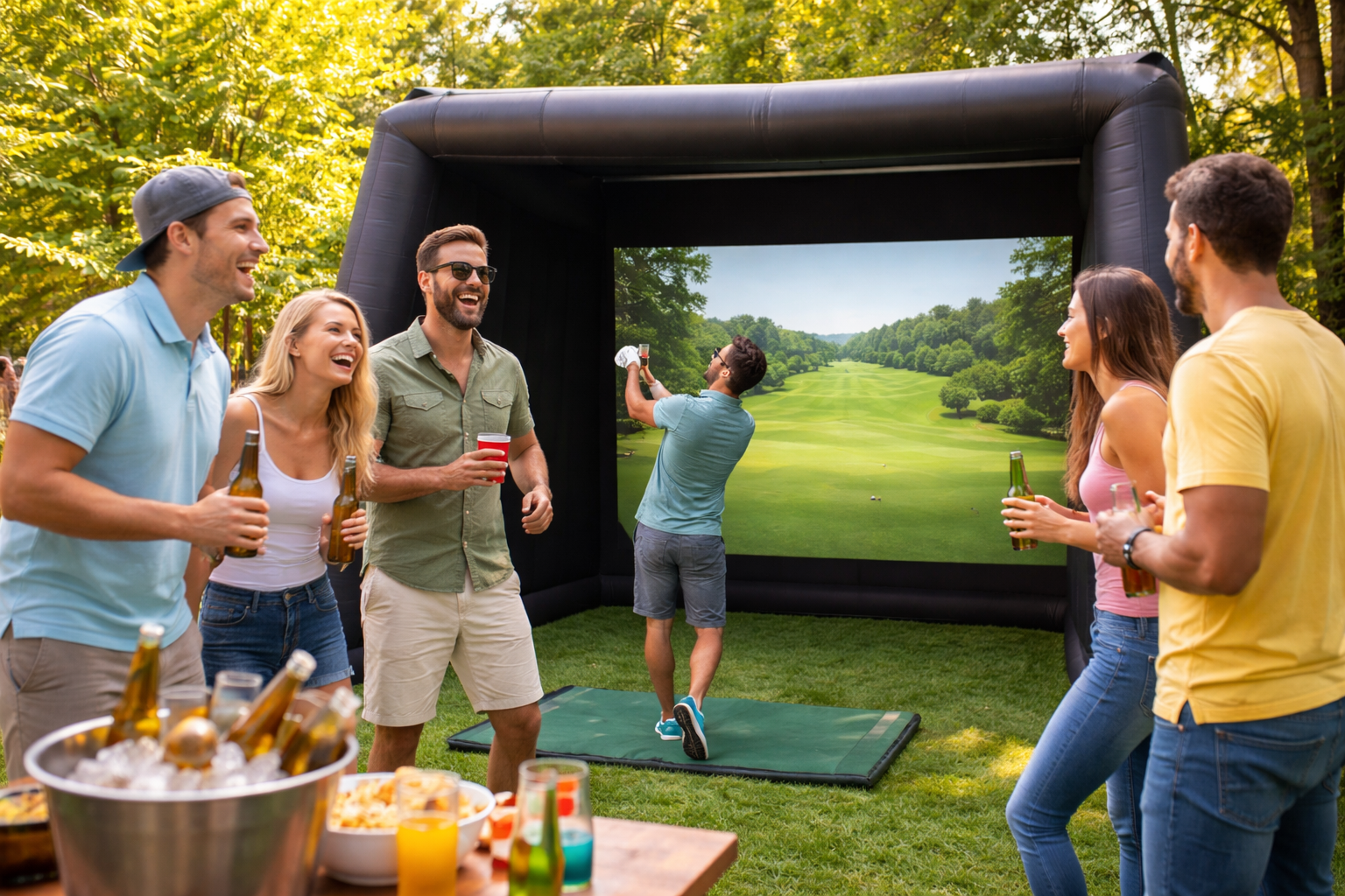 Friends having fun at a golf simulator backyard party
